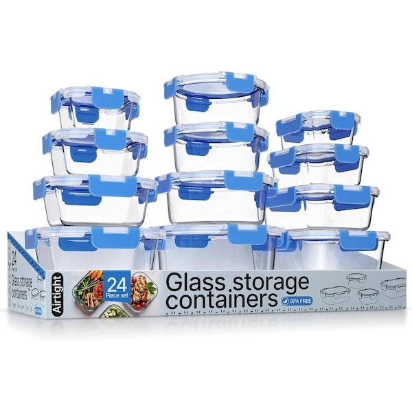 Bakkenmaster Borosilicate Glass Food Storage Containers with Lids, BPA-Free, Airtight and Leak-Proof, Blue, 24PK EMPGFCL24BU - main