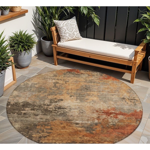 Homeroots 8' Khaki Brown And Copper Round Abstract Washable Indoor Outdoor Area Rug 606136 - main