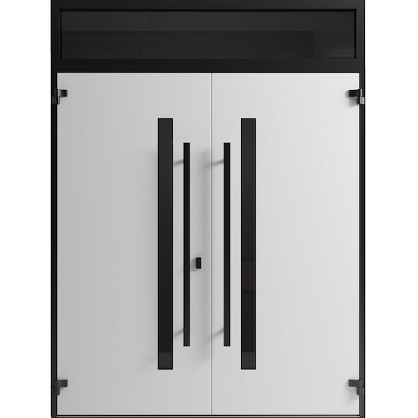 Vdomdoors Front Exterior Prehung Aluminum Double Doors Ronex0144 Grey Top Transom Mirrored Clear Glass Entry RONEX0144DEXD-GRE-W72xH96+16-LH-O - main