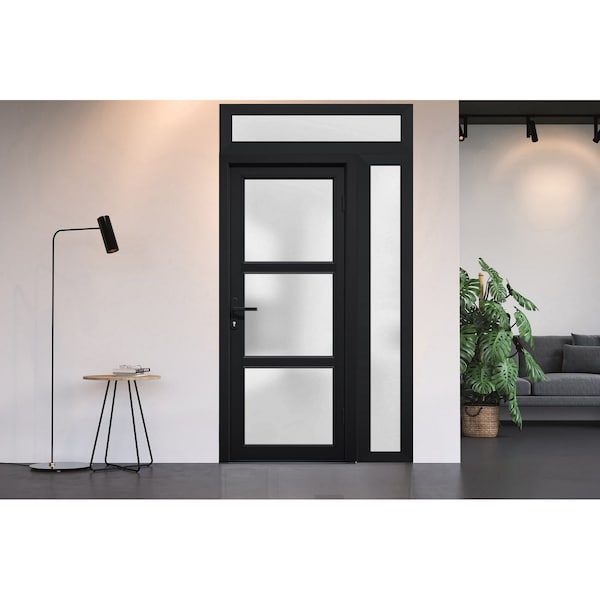Vdomdoors Front Exterior Prehung FiberGlass Door Frosted Glass / Manux 8552 Matte Black / Sidelight and Trans MANUX8552EXD-BLK-W36+16 x H80+14-LH - main