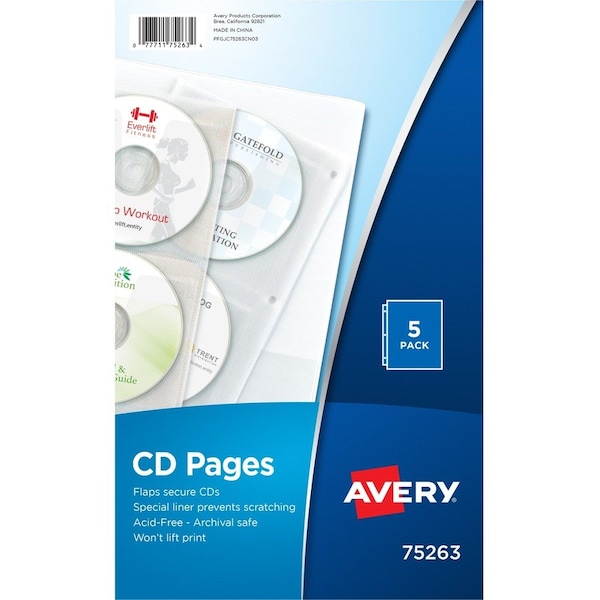 Avery Dennison Avery CD/DVD Storage Page, AVE, 4 CD/DVD Capacity, Clear, 5/Pk 75263 - main