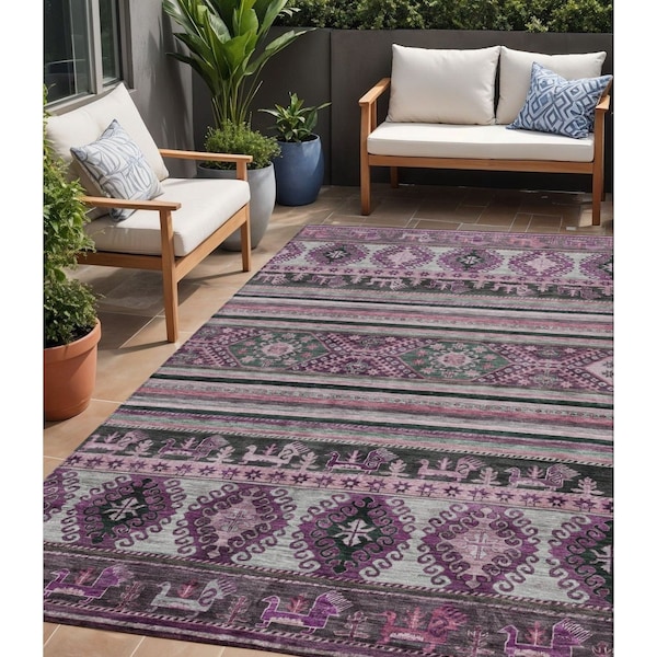 Homeroots 5' X 8' Purple Plum And Gray Tribal Washable Indoor Outdoor Area Rug 615423 - main
