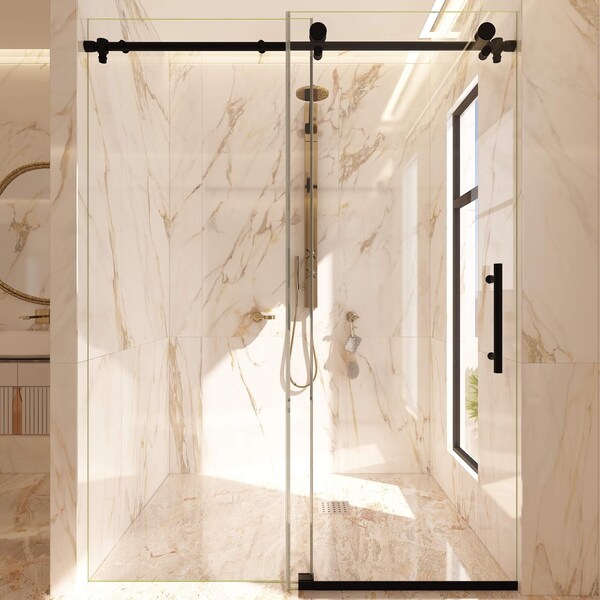 Fab Glass And Mirror Matte Black Shower Door for Walk in Shower 56-60in W x 76in H, Sliding Bathroom Door with SHSS10M60X76MB - main