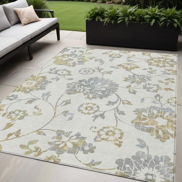 Homeroots 5' X 8' Ivory Gray And Gold Floral Washable Indoor Outdoor Area Rug 589477 - main