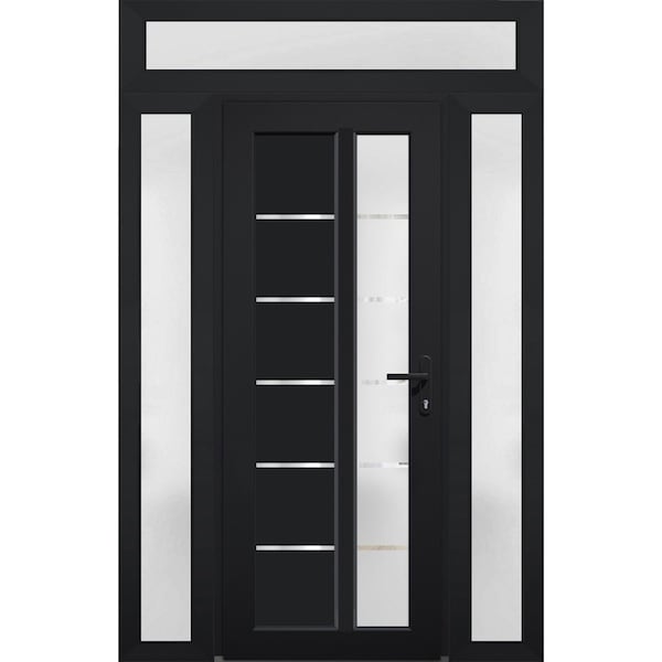 Vdomdoors Front Exterior Prehung FiberGlass Door Frosted Glass / Manux 8088 Matte Black / 2 Sidelight and Tra MANUX8088EXD-BLK-W16+36+16 x H80+14-LH - main