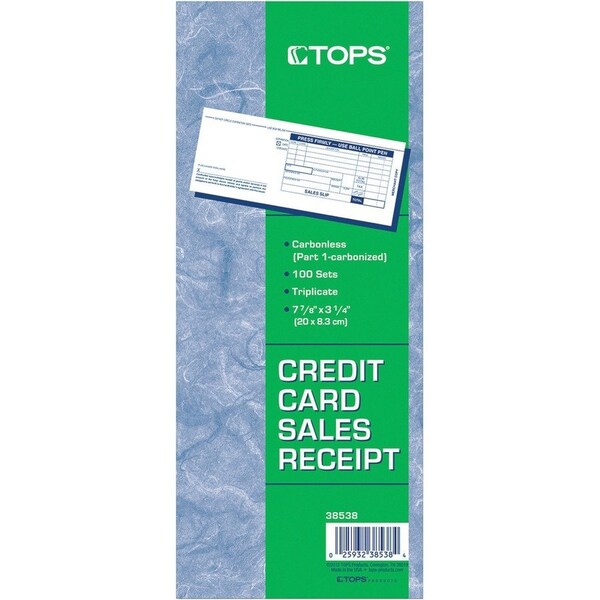 Tops Products TOPS, Credit Card Sales Slip, 7 7/8 X 3-1/4, Three-Part Carbonless, 100 Forms 38538 - main