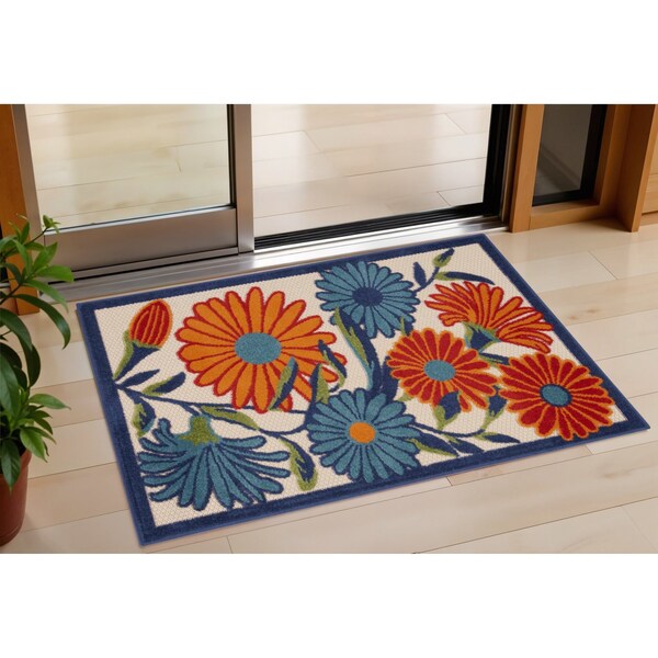 Homeroots 3' X 4' Ivory Orange and Blue Floral Indoor Outdoor Area Rug 527640 - main