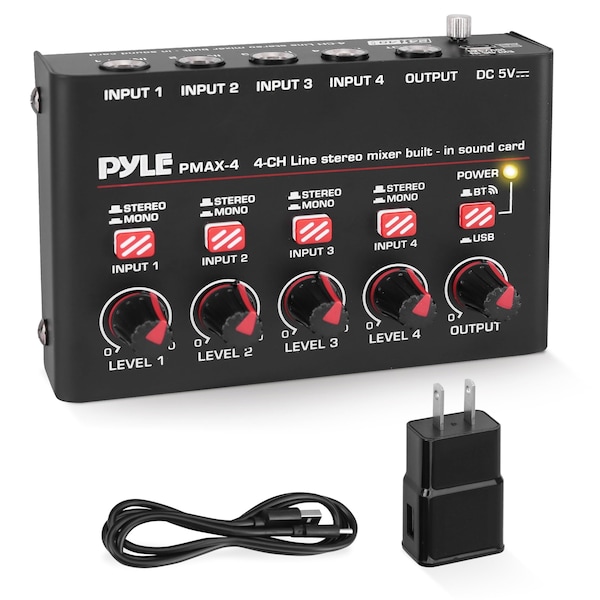 Pyle 4-Channel Bluetooth Mini Line Mixer with USB Audio Interface - 4 Mono/Stereo Switching Inputs PMAX4 - main