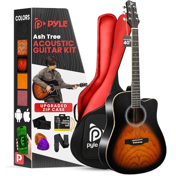 Pyle Steel String Acoustic Guitar Kit, 41 in Full Size Cutaway with Ashtree Top, Open Pore Finish PGA480SB - main