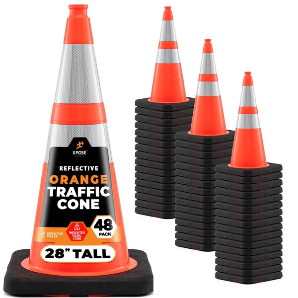 Xpose Safety 28 in Orange Traffic Cone, 10 lb Base with 6 in & 4 in Reflective Collar, PVC, DOT Approved, 48PK OTC28-64-10L-48-X - main