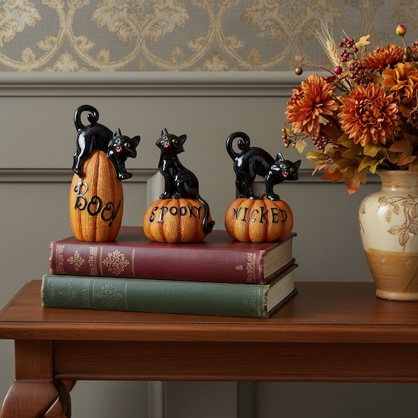 Homeroots Set of Three Black And Orange Polyresin Halloween Black Cat Figurines, 3PK 634133 - main