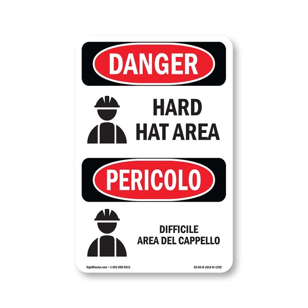 Signmission OSHA Danger Sign, Hard Hat Area Bilingual, 14in X 10in Decal, OS-DS-D-1014-VI-1292 OS-DS-D-1014-VI-1292 - main