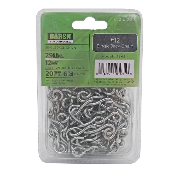 Baron Jack Chain, No 12, 20 ft L, Steel, Galvanized/Zinc Plated 18434 - main
