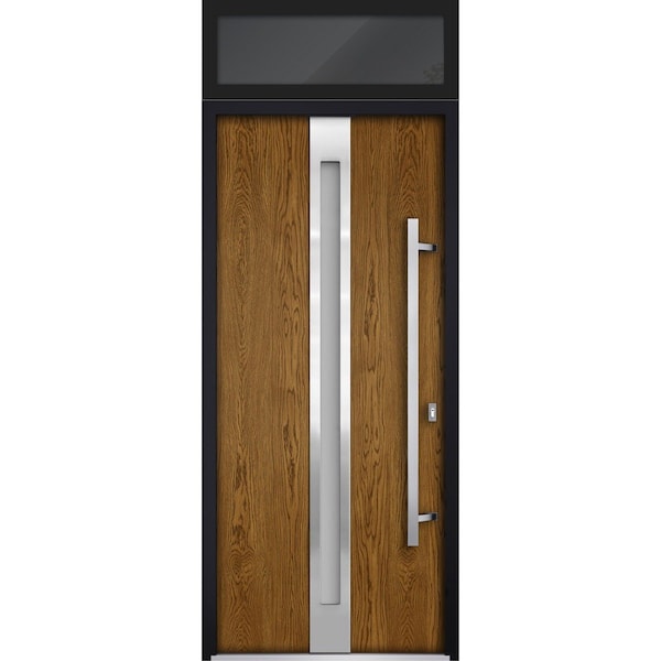 Vdomdoors Steel Door Deux 1744 Natural Oak Transom Black Window Stainless Inserts Single Modern Painted-W36xH DEUX1744EXD-OAKB-W36xH80+16-LH-O - main