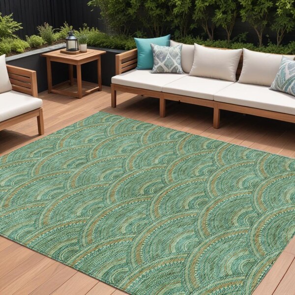 Homeroots 10' X 14' Sage Fern Green And Peach Geometric Washable Indoor Outdoor Area Rug 615235 - main