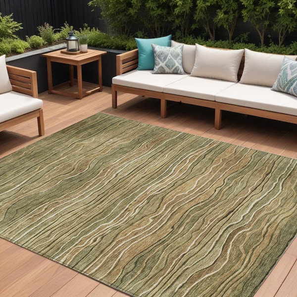 Homeroots 9' X 12' Fern Green And Taupe Abstract Washable Indoor Outdoor Area Rug 618278 - main