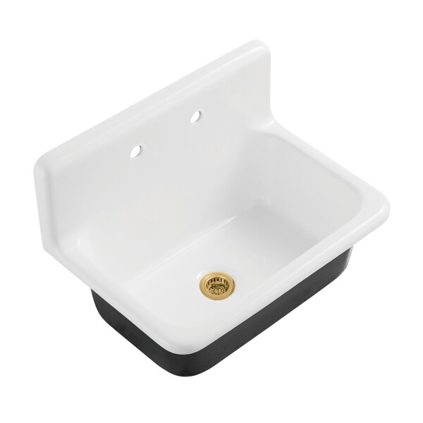 Kingston Brass 30" Cast Iron Single Bowl Wall Mount Kitchen Sink, 2-Hole with Strainer, White/Brushed Brass KGCKWS3020107 - main