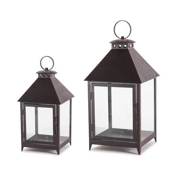 Homeroots Set of Two Black Geometric Iron And Glass Floor Lantern Candle Holders, 2PK 517596 - main
