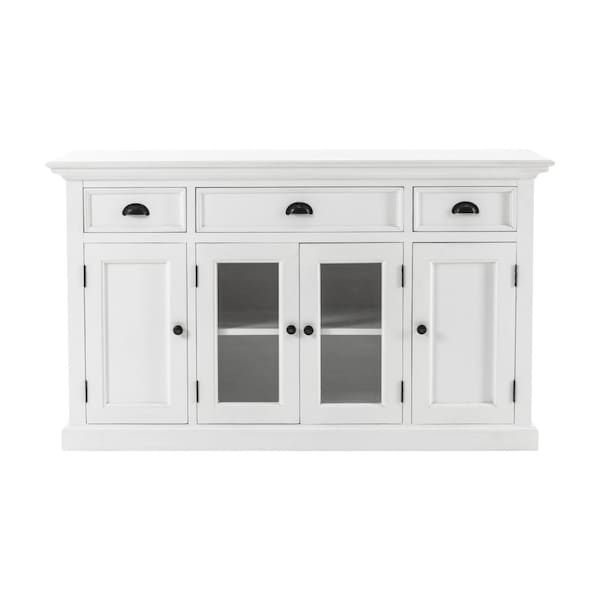 Homeroots 57in White Solid Wood Three Drawer Sideboard with Four Glass Doors 388223 - main