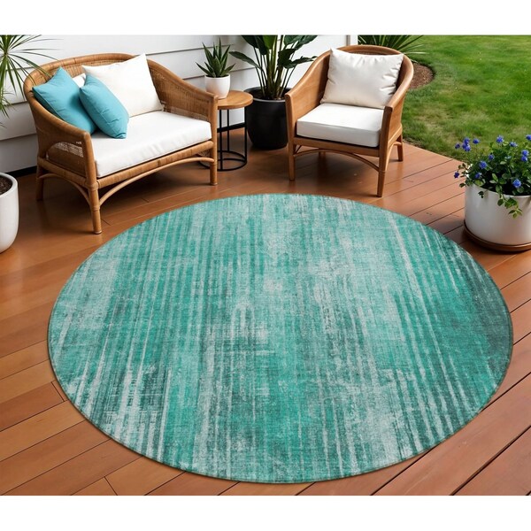 Homeroots 8' Teal Blue Aqua And Gray Round Striped Washable Indoor Outdoor Area Rug 577267 - main