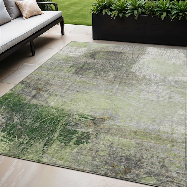 Homeroots 5' X 8' Artichoke Green And Ivory Abstract Washable Indoor Outdoor Area Rug 632018 - main