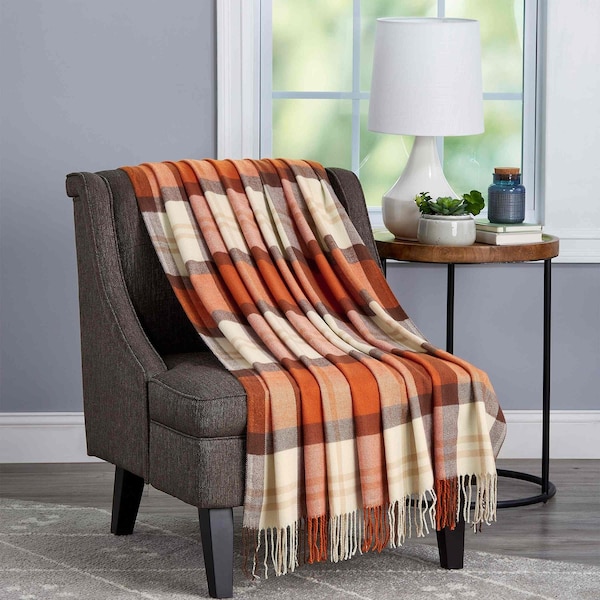 Lavish Home Faux Cashmere Acrylic Oversized Throw Blanket Luxuriously Soft with Vintage Design, Spice Plaid 66-THROW016 - main