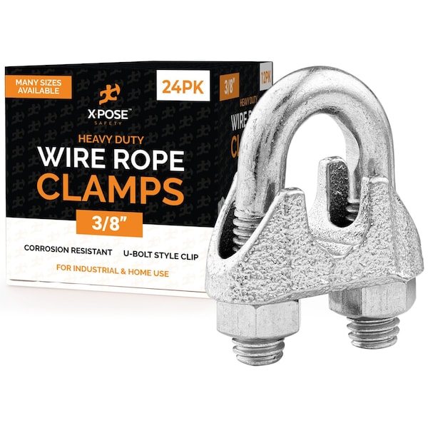 Xpose Safety Wire Rope Clamp for Stainless Steel 3/8in Galvanized U Bolt Cable Clips, 24PK GCC38-24-X-S - main