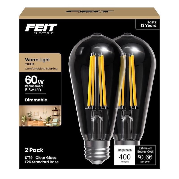 Feit Electric ST19 E26 Medium Filament LED Bulb Warm Candle Light 60 Watt Equivalence, 2PK ST19/CL/VG/LED2 - main