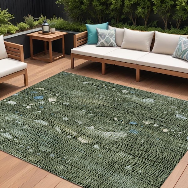 Homeroots 9' X 12' Fern Green And Beige Abstract Washable Indoor Outdoor Area Rug 631177 - main