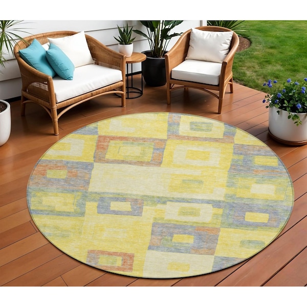 Homeroots 8' Yellow Blue And Terra Cotta Round Geometric Washable Indoor Outdoor Area Rug 605057 - main