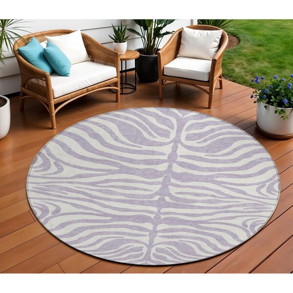 Homeroots 8' Lavender And Ivory Round Animal Print Washable Indoor Outdoor Area Rug 600626 - main