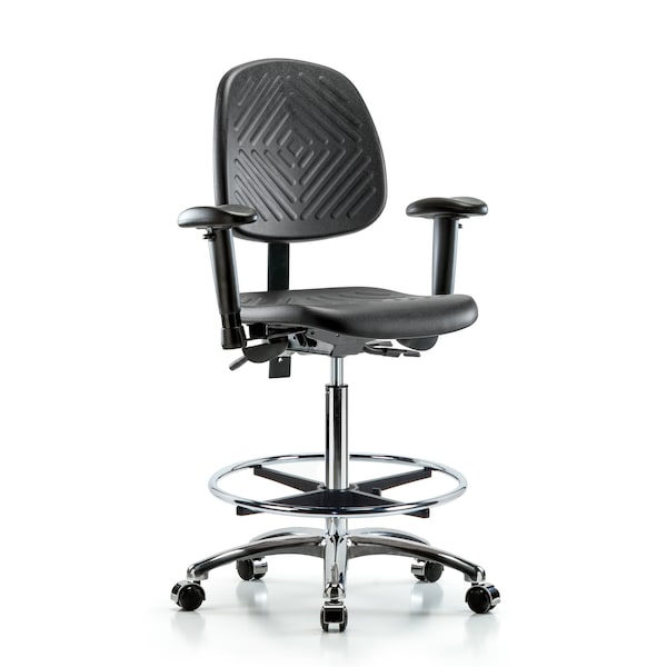Blue Ridge Ergonomics Bench Chair, Poly, Hi, Med Bk, CF, Cast, 6-Way Adjustable, 24-1/2" to 33-1/2" Height, Blue, Black BR-PHBCH-MB-CR-T1-A1-CF-CC - main