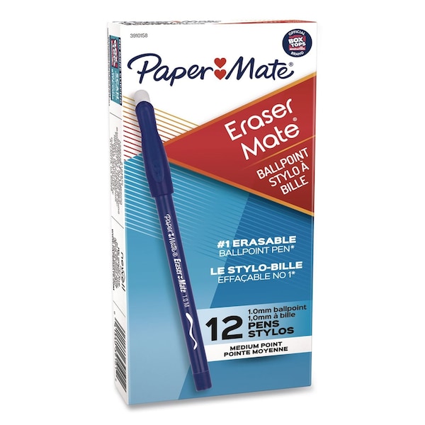 Paper Mate Eraser Mate Ballpoint Pen, Stick, Medium 1 mm, Blue Ink, Blue Barrel, 12PK 3910158 - main