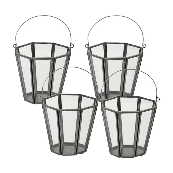 Homeroots Set of Four Gray Distressed Geometric Iron And Glass Tabletop Votive Candle Holders, 4PK 517603 - main