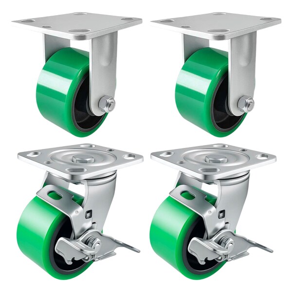 Hyw Products Heavy Duty Caster Set 4in Green Polyurethane on Cast Iron Wheels, 2 Rigid & 2 Swivel w/ Brake, 4PK 40-40R-A1-PC-2,40-40S-A1-PC-TB-2 (G) - main