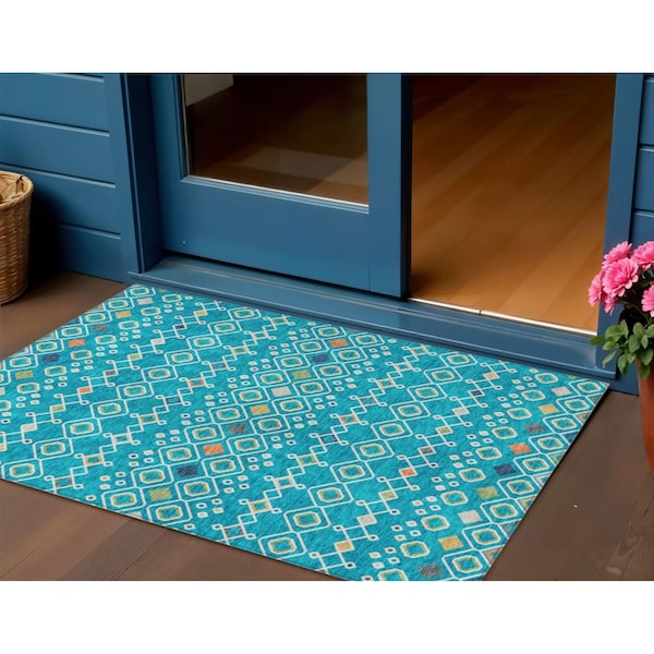 Homeroots 3' X 5' Teal Blue Ivory And Gold Geometric Washable Indoor Outdoor Area Rug 612220 - main