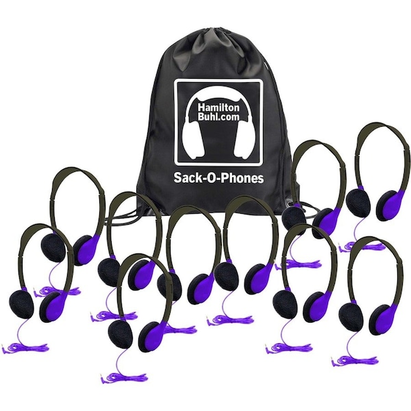 Hamiltonbuhl Sack-O-Phones, 10 Personal Headphones in a Carry Bag, Purple, 10PK SOP-HA2PPL - main
