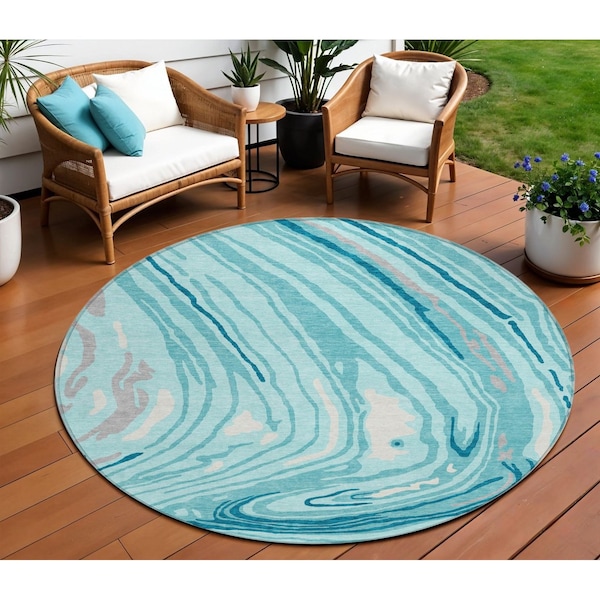 Homeroots 8' Turquoise Teal Blue And Gray Round Abstract Washable Indoor Outdoor Area Rug 601310 - main