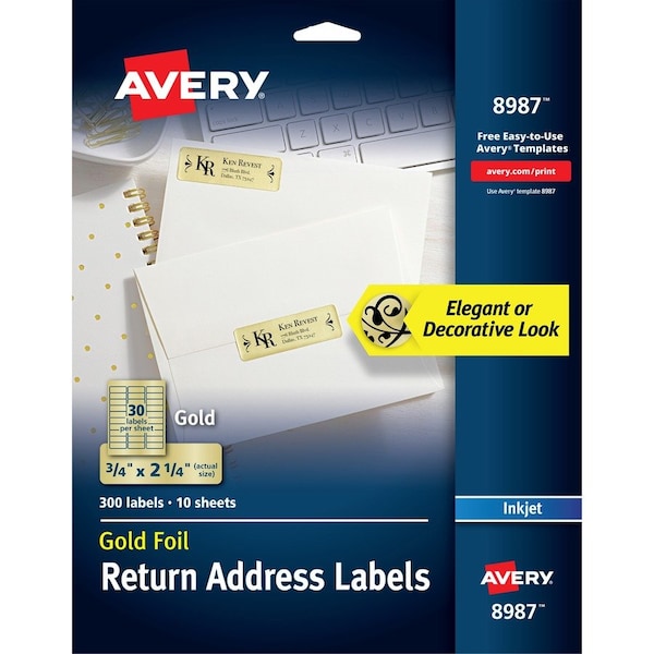 Avery Foil Mailing Labels, Gold, 3/4 in, PK300 08987 - main