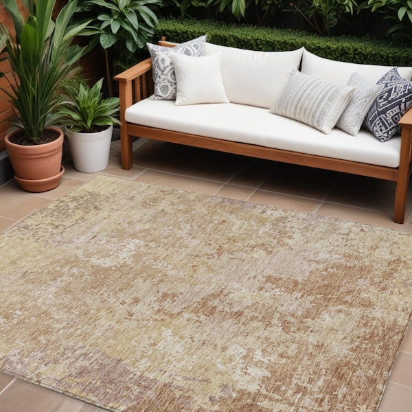 Homeroots 9' X 12' Copper And Beige Abstract Washable Indoor Outdoor Area Rug 605546 - main