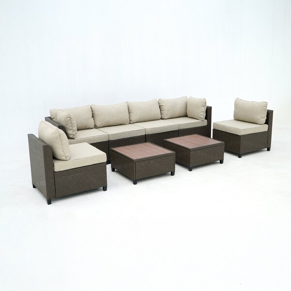 Deko Living Outdoor Sectional Wicker Sofa, Chairs and Table, 8 Pieces, Brown w/Beige and Red Cushion Covers COP30011 - main