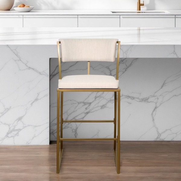Homeroots 30" Beige And Antiqued Brass Steel Low Back Bar Height Bar Chair 534318 - main