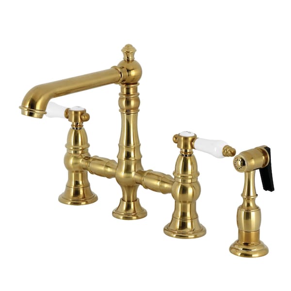 Kingston Brass Bridge Kitchen Faucet with Brass Sprayer, Brushed Brass KS7277BPLBS - main