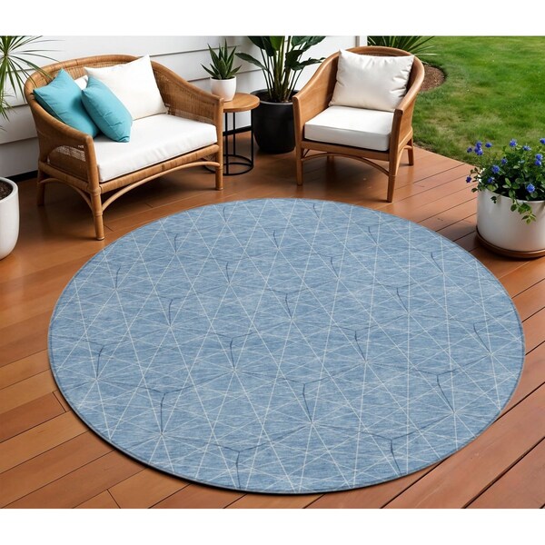 Homeroots 8' Denim Blue Black And Ivory Round Geometric Washable Indoor Outdoor Area Rug 596724 - main
