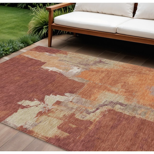Homeroots 8' X 10' Orange And Burnt Orange Abstract Washable Indoor Outdoor Area Rug 609175 - main