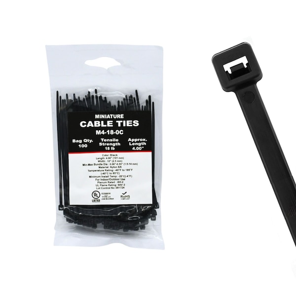 Cable Ties Unlimited Cable Tie, 4 in L, 18 lb Strength, 1 in Max Bundle Dia, Nylon 6/6, UV Resistant, Black, 100PK M4-18-0C - main