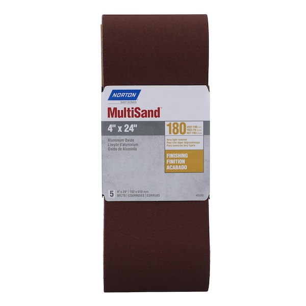 Norton Abrasives Sanding Belt, 4" W, 24" L, Coated, Aluminum Oxide, 180 Grit, Fine, R215 Metalite 07660705285 - main