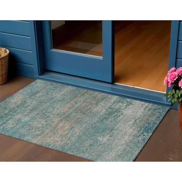 Homeroots 3' X 5' Aqua And Beige Abstract Washable Indoor Outdoor Area Rug 630819 - main