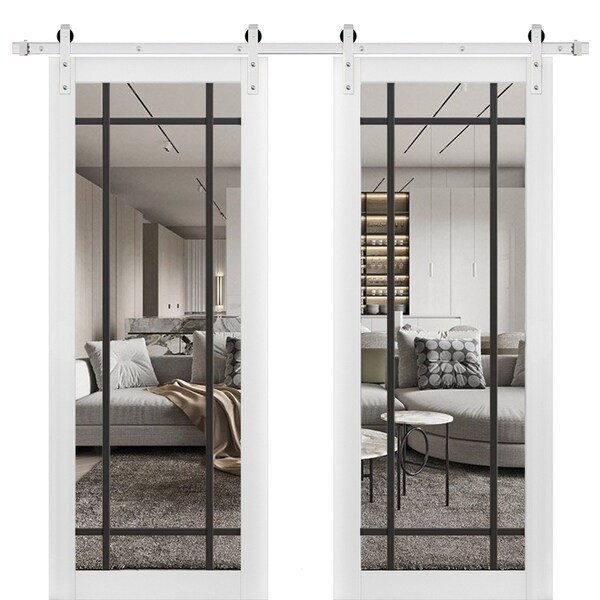 Sartodoors Sturdy Double Barn Door with Clear Glass, Lucia 2266 White Silk and Aluminum Strips, 13FT Rail Han LUCIA2266DB-S-WS-72 x 80 (2* 36x80) - main