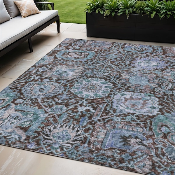 Homeroots 5' X 8' Chocolate And Aqua Damask Washable Indoor Outdoor Area Rug 603732 - main